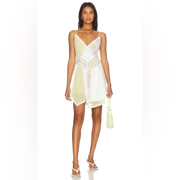 MAJORELLE Yellow and White patchwork y2k inspired Lace Chemise Cady Mini Dress - Picture 1 of 9